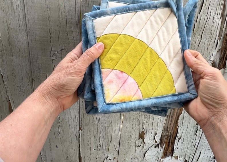 Quilted Pot Holder, Modern Table Trivet, Hand-Dyed Organic Cotton, Hot Plate, Mini Art Quilt 119 image 2