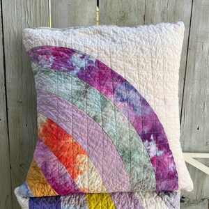 Handmade Quilted Throw Pillow, Organic Cotton, Mini Art Quilt Pillow Cover, Rainbow Pillow 118 image 2