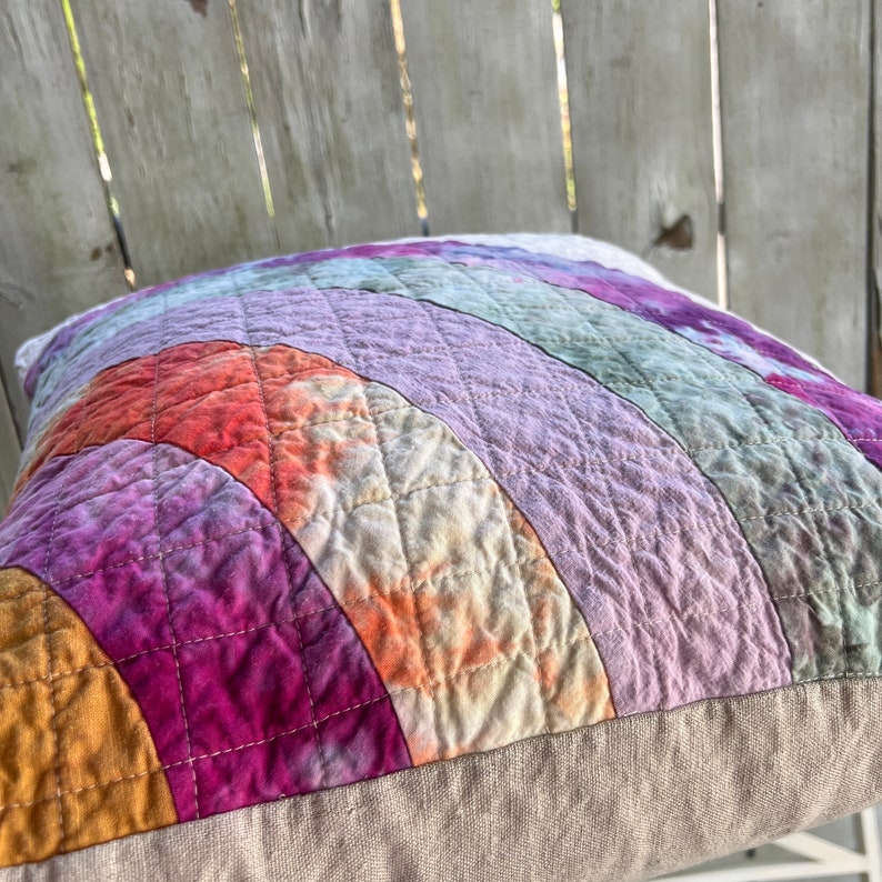 Handmade Quilted Throw Pillow, Organic Cotton, Mini Art Quilt Pillow Cover, Rainbow Pillow 118 image 6