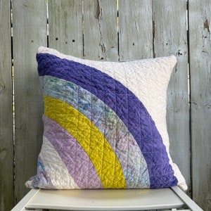 Handmade Quilted Throw Pillow, Organic Cotton, Mini Art Quilt Pillow Cover, Rainbow Pillow #117