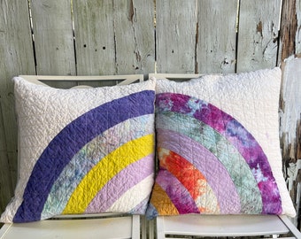 Handmade Quilted Throw Pillow, Organic Cotton, Mini Art Quilt Pillow Cover, Rainbow Pillow #117