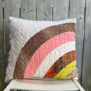 Handmade Quilted Throw Pillow, Organic Cotton, Mini Art Quilt Pillow Cover, Rainbow Pillow #110