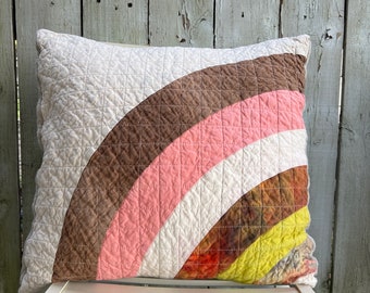 Handmade Quilted Throw Pillow, Organic Cotton, Mini Art Quilt Pillow Cover, Rainbow Pillow #110