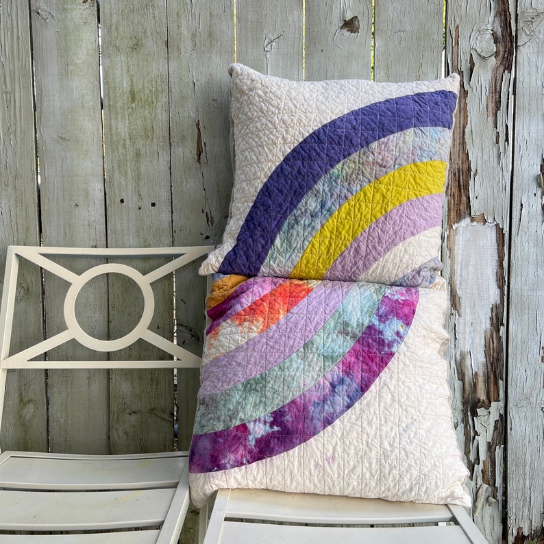 Handmade Quilted Throw Pillow, Organic Cotton, Mini Art Quilt Pillow Cover, Rainbow Pillow 118 image 9