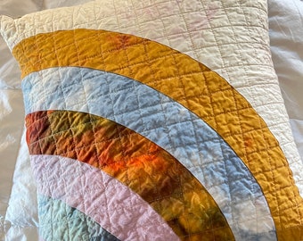 Quilted Throw Pillow, Organic Cotton, Handmade Cushion, Mini Art Quilt Pillow Cover, Rainbow Pillows #113