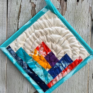 Hand-Quilted Pot Holder, Modern Table Trivet, Androsia Batik, Organic Cotton, Pure Linen Hot Plate, Mini Art Quilt #128