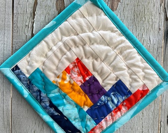 Hand-Quilted Pot Holder, Modern Table Trivet, Androsia Batik, Organic Cotton, Pure Linen Hot Plate, Mini Art Quilt #128