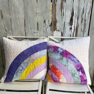 Handmade Quilted Throw Pillow, Organic Cotton, Mini Art Quilt Pillow Cover, Rainbow Pillow 118 image 4