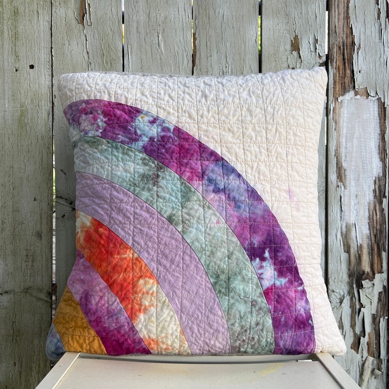 Handmade Quilted Throw Pillow, Organic Cotton, Mini Art Quilt Pillow Cover, Rainbow Pillow 118 image 5