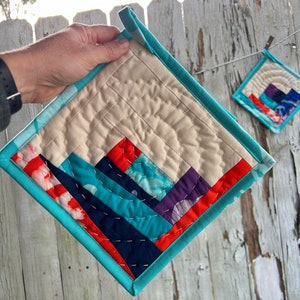 Hand-Quilted Pot Holder, Modern Table Trivet, Androsia Batik, Organic Cotton, Pure Linen Hot Plate, Mini Art Quilt #126