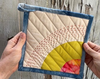 Quilted Pot Holder, Modern Table Trivet, Hand-Dyed Organic Cotton, Hot Plate, Mini Art Quilt #124