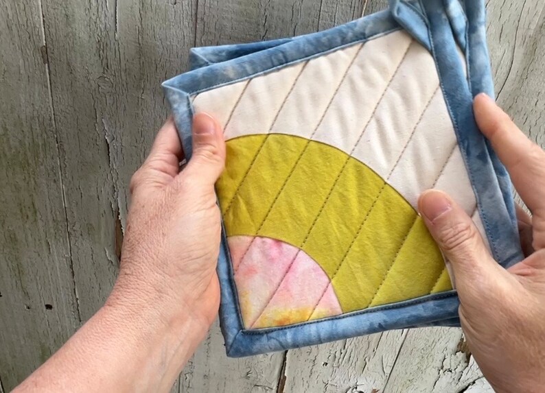 Quilted Pot Holder, Modern Table Trivet, Hand-Dyed Organic Cotton, Hot Plate, Mini Art Quilt 119 image 7