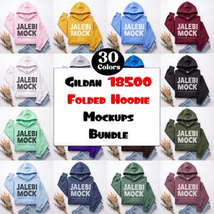 May include: A collection of Gildan 18500 hooded sweatshirts in 30 different colors, each featuring the text JALEBI MOCK MOCKUP STUDIO printed on the front. The central graphic displays the text 30 Colors Gildan 18500 Folded Hoodie Mockups Bundle.
