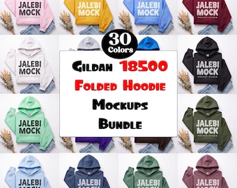 30x Gildan 18500 Folded Hoodie Mockups Bundle | G 185 Hooded Flatlay Sweatshirt Mockup Bundle | Simple Neutral Boho POD + G 185 Color Chart