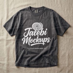 May include: Dark gray t-shirt with the text "Talebi Mockups" in a white, cursive font, and a lollipop graphic. The shirt has a vintage, faded look.