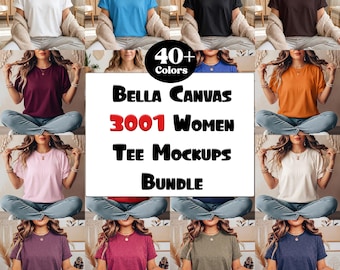 Puede incluir: Un paquete de productos digitales que presenta maquetas de camisetas Bella Canvas 3001 en más de 40 colores. La imagen muestra una cuadrícula de varias camisetas en diferentes tonos, incluidos blanco, azul, negro, marrón, granate, naranja, rosa, crema, morado y oliva.