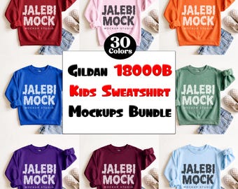 Paquete de 30 maquetas de sudaderas Gildan 18000B para jóvenes / Paquete de maquetas de sudaderas G 180 Kid con vista plana / Descarga digital con estética neutra y sencilla