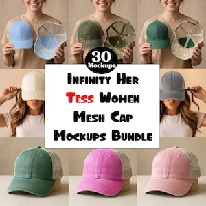 Paquete de 30 maquetas de gorras trucker Infinity Her / Paquete de maquetas de gorras de malla lavada para mujer Tess / Maqueta de gorra de béisbol / Maqueta de impresión bajo demanda de moda