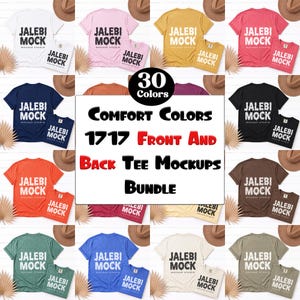 May include: A collection of Comfort Colors 1717 t-shirt mockups in 30 colors, displaying front and back views with the text JALEBI MOCK MOCKUP STUDIO printed on each shirt. The bundle features various solid-colored shirts arranged in a grid.