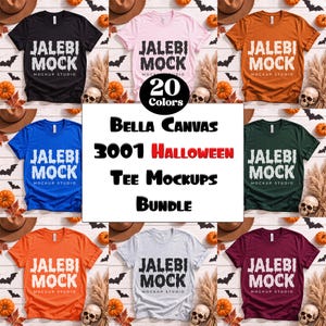 May include: A collection of eight short-sleeved t-shirts in various colors, each featuring the text JALEBI MOCK MOCKUP STUDIO in a dripping font. The central text reads Bella Canvas 3001 Halloween Tee Mockups Bundle 20 Colors.
