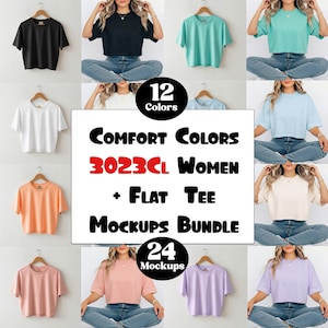 May include: A collection of 12 different colored t-shirts, including black, white, and pastel shades, displayed on hangers. The image includes text that reads "Comfort Colors 3023CL Women + Flat Tee Mockups Bundle" and "24 Mockups".