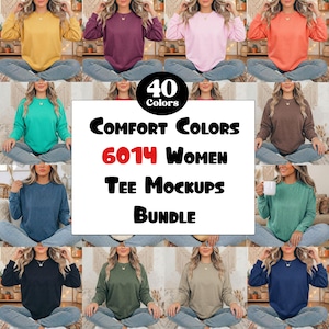 May include: A selection of long-sleeved Comfort Colors tee mockups in a range of colours, such as yellow, purple, pink, and orange. The image includes the text "40 Colors" and "Comfort Colors 6014 Women Tee Mockups Bundle."