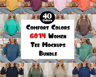 May include: A collection of long-sleeved Comfort Colors tee mockups in various colors, including yellow, purple, pink, and orange. The image includes the text "40 Colors" and "Comfort Colors 6014 Women Tee Mockups Bundle."