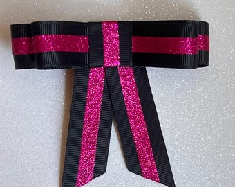 Black & Hot Pink Glitter Hair Bow for Girls – Cheer Style Bow with Long Tails, Alligator Clip