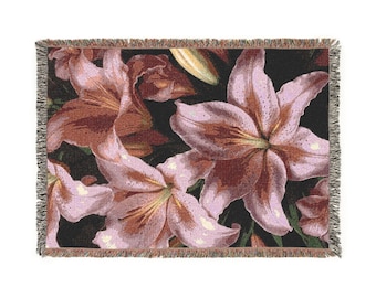 Vintage Lily Floral Woven Blanket | Tapestry Throw, Botanical Home Decor