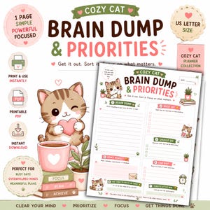 May include: A digital planner page titled Cozy Cat Brain Dump & Priorities with sections for tasks, notes, and goals. The design features a brown tabby cat, pink hearts, and potted plants. It is formatted for US Letter size paper and includes text.