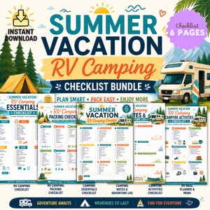 May include: A digital bundle of six printable pages for a Summer Vacation RV Camping checklist. The design features illustrations of a tent, an RV, mountains, and trees with text including Summer Vacation RV Camping Checklist Bundle.