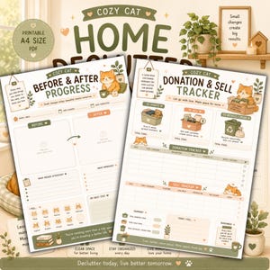 May include: Two printable A4 PDF sheets for home organisation featuring a Cozy Cat theme. The sheets include a Before & After Progress tracker and a Donation & Sell Tracker with sections for dates, item categories, and emotional check-ins.