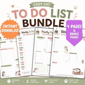 May include: A digital to-do list bundle featuring four printable pages with cat-themed illustrations. The pages include sections for weekly tasks, priority planning, and brainstorming, decorated with small cat graphics and soft pastel colors.
