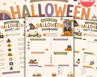 Puede incluir: Un conjunto de tres páginas de planificador imprimibles con temática de Halloween tituladas Cozy Cat Halloween. Las páginas presentan ilustraciones de gatos con sombreros de bruja, calabazas, fantasmas y linternas en una paleta suave.