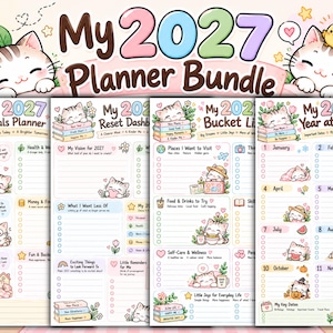 以下が含まれることがあります： My 2027 Planner Bundleというタイトルのデジタルプランナーセット。Goals Planner、Reset Dashboard、Bucket List、Year at a Glanceの4ページで構成されています。各ページには、子猫、花、本のパステルカラーのイラストが描かれています。