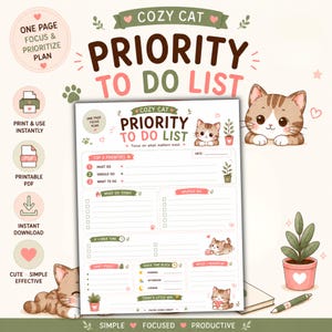 May include: A printable priority to-do list planner page featuring brown tabby cat illustrations, green potted plants, and pink heart accents. The document includes sections for top three priorities, must-do tasks, should-do tasks, and daily reminders.