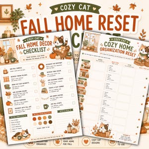 May include: Two printable checklists titled Cozy Cat Fall Home Decor Checklist and Cozy Home Organization Reset. The pages feature illustrations of a calico cat, pumpkins, autumn leaves, and cozy home items in a warm orange, brown, and green color palette.