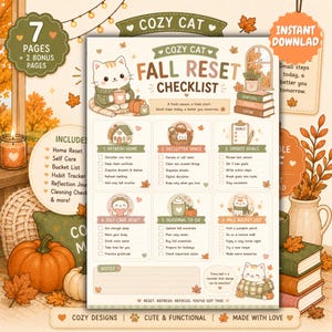 以下が含まれることがあります： 「Cozy Cat Fall Reset Checklist」と題された、猫のイラストが描かれた秋のデジタルチェックリスト。このドキュメントには、家庭、目標、セルフケアのための6つのセクションが含まれており、秋の葉、カボチャ、温かみのある色合いで装飾されています。