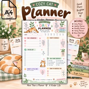 Op de afbeelding: Een dagelijkse plannerpagina getiteld Cozy Cat Daily Planner met secties voor prioriteiten, planning, takenlijst, zelfzorg en dankbaarheid. Het ontwerp bevat illustraties van oranje katten, planten en hartjes in zachte pastelkleuren.