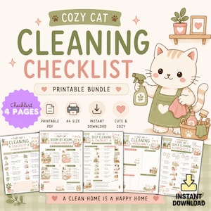 May include: A printable Cozy Cat Cleaning Checklist bundle featuring a cartoon cat in an apron holding a spray bottle. The set includes four pages of checklists with room-by-room, deep cleaning, and quick cleaning tasks, all in a soft pastel color palette.