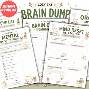 Peut inclure: Un ensemble de pages de planification imprimables intitulées Cozy Cat Brain Dump, Mental Declutter Checklist et Mind Reset Reflection. Les pages présentent des illustrations de chats, de plantes en pot et de cœurs dans une palette de tons vert et crème.