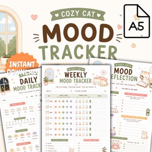 Puede incluir: Un conjunto de hojas imprimibles de seguimiento del estado de ánimo en formato A5 con temática de gatos. Las páginas incluyen secciones para el seguimiento diario y semanal, niveles de energía, estrés, sueño y reflexiones.