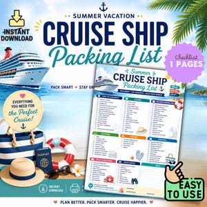 May include: A digital cruise ship packing list template featuring a checklist with categories for documents, clothing, toiletries, electronics, footwear, and essentials. The design includes a cruise ship, a straw hat, and a life preserver graphic.