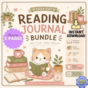 May include: A digital reading journal bundle featuring a cat reading a book, with text reading COZY CAT READING JOURNAL BUNDLE, PLANNER 5 PAGES, INSTANT DOWNLOAD, and FOR CAT LOVERS & BOOK LOVERS. Includes illustrations of books, plants, and a candle.