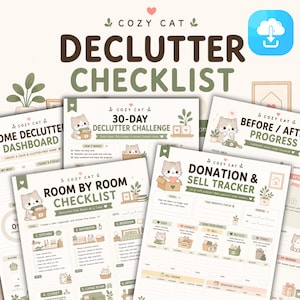 May include: A digital declutter checklist set featuring a Cozy Cat theme with soft green and beige tones. The pages include a 30-day challenge, room-by-room checklists, a donation and sell tracker, and a home dashboard with cute cat illustrations.