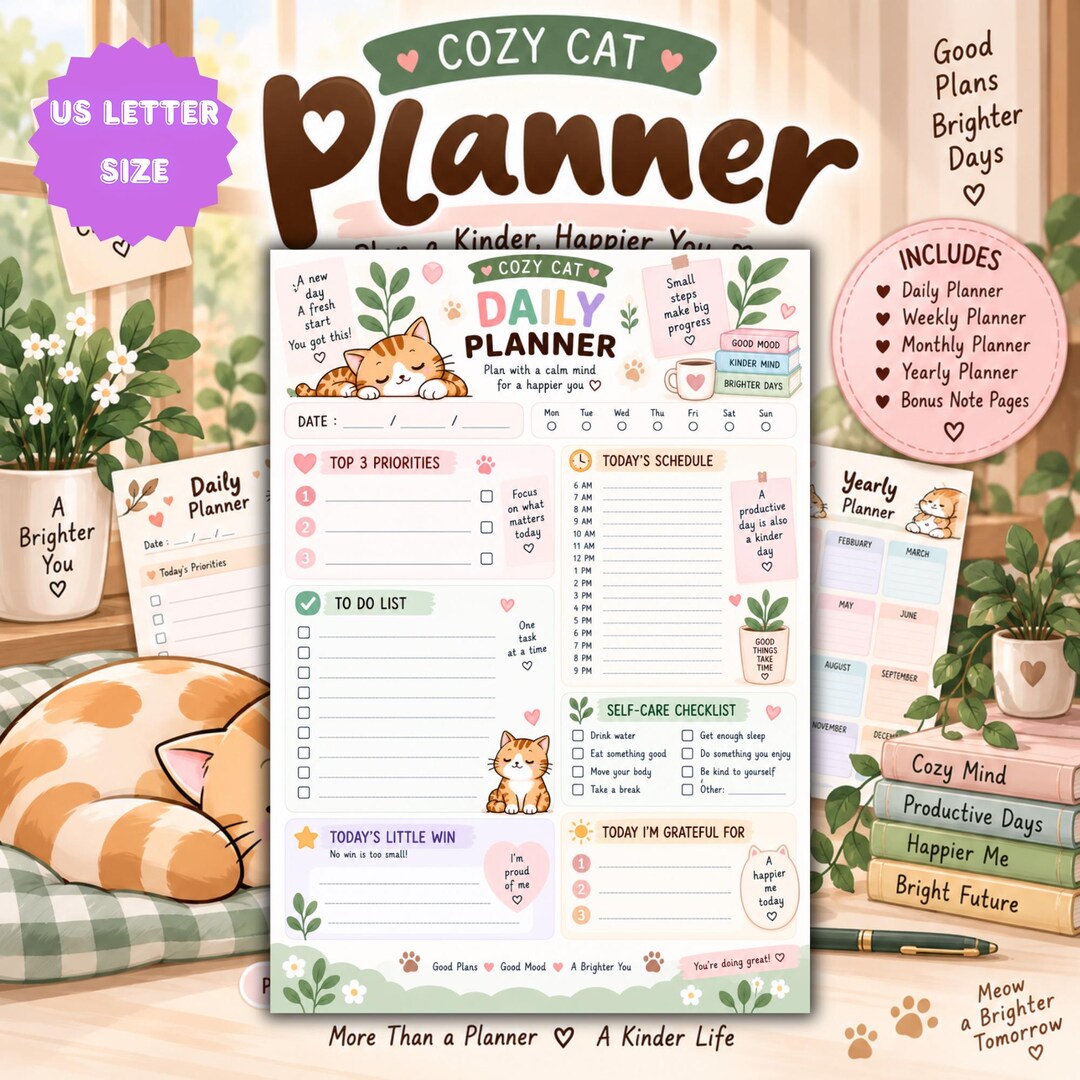 Daily Weekly Monthly Yearly Planner Printable | Cozy Cat Planner | US ...