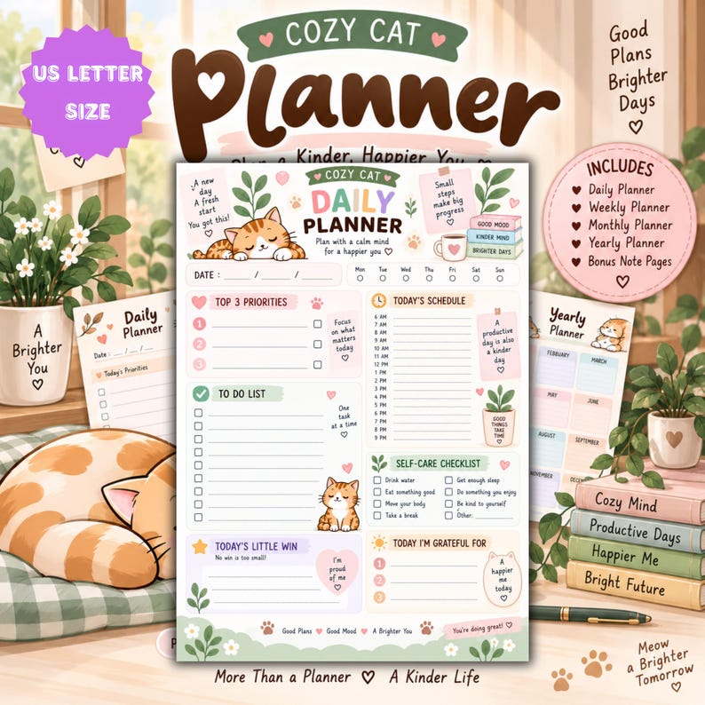 Daily Weekly Monthly Yearly Planner Printable | Cozy Cat Planner | US ...