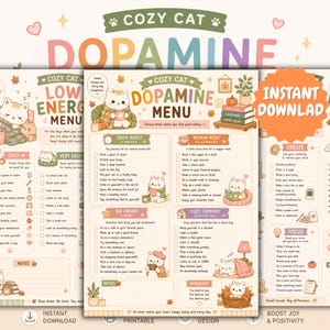 Könnte beinhalten: Ein digitaler, ausdruckbarer Cozy Cat Dopamine Menu Planer mit pastellfarbenen Katzenillustrationen, Checklisten für tägliche Aktivitäten und Abschnitten wie Quick Boost, Medium Reset, Big Energy und Cozy Comfort mit englischem Text.