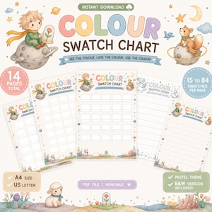Op de afbeelding: Digitaal afdrukbare kleurstalenkaart met een pastelthema. Het ontwerp bevat illustraties van een jongen, een vos en een schaap. De kaart bevat in totaal 14 pagina's, met 15 tot 84 stalen per pagina. De tekst luidt "COLOUR SWATCH CHART".
