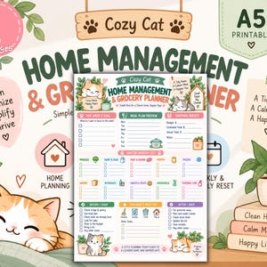 May include: A printable A5 home management and grocery planner sheet featuring a cat theme. The document includes sections for weekly goals, meal planning, shopping budgets, and a master grocery list with checkboxes, decorated with cat illustrations.